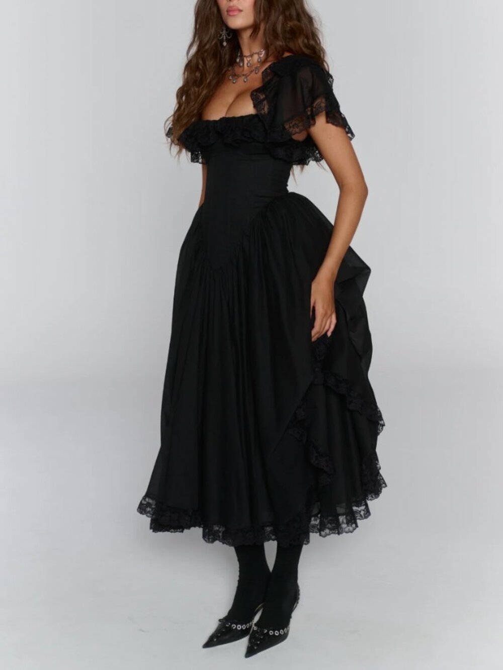 Selkie The Caviar Cupid Midi Dress Medium Black Noir - Picture 4 of 10